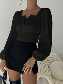 Firerie Symmetric Gathered Neck Design Long Sleeve Shirt - Black - View 6