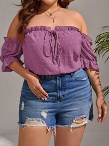 SHEIN VCAY Plus Swiss Dot 露肩荷叶边夏季衬衫 - 紫色 - 查看 3