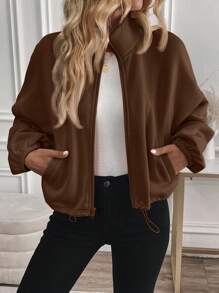 SHEIN LUNE بلوزة نسائية بأكمام طويلة وسحاب وخيط سحب، من الفليس الدافئ ذات طوق عالي، بلوزة كاجوال