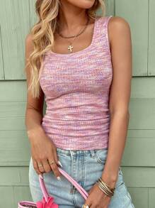 SHEIN LUNE Áo ba lỗ cổ vuông dệt kim nhiều màu sắc thường ngày cho nữ, trang phục cơ bản hàng ngày cho mùa xuân và mùa hè - Hồng - Xem 6