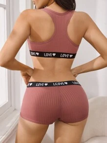 EasyFave Women Letter Design Detail Solid Color Patchwork Minimalist Top And Bottom Underwear Set