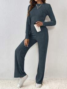 SHEIN Frenchy 女式纯色罗纹纹理 T 恤和裤子套装纹理面料两件套 - 深灰色 - 查看 6