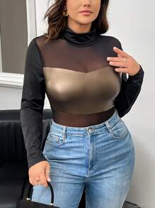 SHEIN Privé بوديسوت داخلية للنساء ذوات المقاسات الكبيرة مريحة وكاجوال من خليط المطاط والشبكة، بوديسوت داخلية مطاطية ذات أكمام طويلة باللون الأسود للخارج