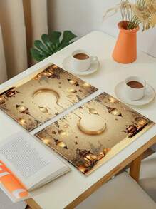 1buc/4buc/6buc Ramadan Lantern Moon Star Placemat, Pret alungit din poliester lavabil la masina, Blat protejat, Placemat izolat, Decorare restaurant, Decorat masa, Articole de uz casnic, Potrivit pentru multi oameni, Decorare pentru petreceri