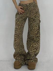 DAZY Women's Casual Front Button Pocket Leopard Print Street Pants - Khaki - View 1