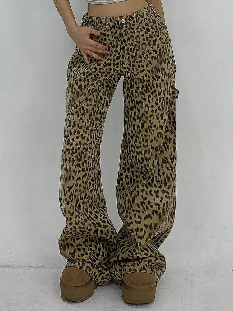 Women's Casual Front Button Pocket Leopard Print Street Pants