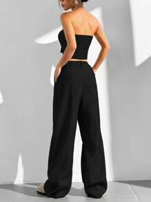 SHEIN EZwear 2pcs Women Solid Color Front Button Pocket Casual Top And Pants Set - Black - View 2