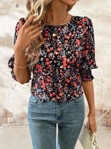 SHEIN Clasi Áo kiểu nữ tay lửng cổ tròn dáng rộng in họa tiết hoa đồng quê, phong cách đồng quê, thích hợp mặc mùa hè và mùa xuân. - Nhiều màu - Xem 5