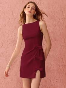 Enchnt Winter/Spring Romantic Women's Claret Red Cute Bow Decor Sleeveless Mini Dress, Sweet&Elegant For Christmas Party&New Years&Birthday&Holiday Outfit &Valentine's Day&Sweet Date Night&Daily Commuting, Dress