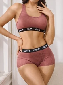 EasyFave Women Letter Design Detail Solid Color Patchwork Minimalist Top And Bottom Underwear Set