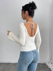 SHEIN Unity 女士纯色后背系带喇叭袖套头毛衣，秋冬针织套头衫 - 杏色 - 查看 2