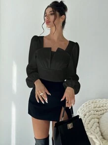 Firerie Symmetric Gathered Neck Design Long Sleeve Shirt - Black - View 1