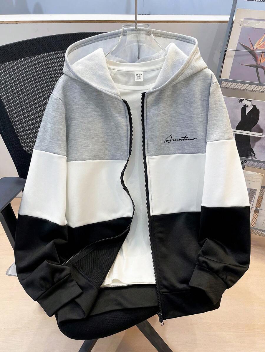 SHEIN 青少年男孩休閒寬鬆舒適百搭趣味拼接撞色連帽開襟運動外套,適合外出穿著 - 黑色 - 查看 1