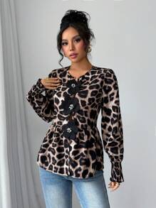 SHEIN Frenchy Women's Fashion Three-Dimensional Flowers Long Sleeves Tops,Leopard Print Button Closure Embellished Doll Shape Shirt, Lantern Sleeve Ruffle Cuff Top,Autumn Winter Cheetah Casual - Multicolor - View 4
