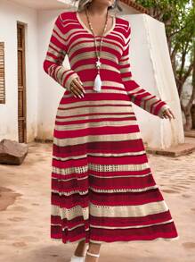 Calvaya Plus Size Colorblock Striped Long Knitted Sweater Dress, Casual Resort Wear For New Year Clothes - Red - View 3