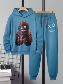 SHEIN 2 件套青少年男孩休闲连帽衫搭配运动裤，笑脸设计，适合万圣节 - 藍色 - 查看 1