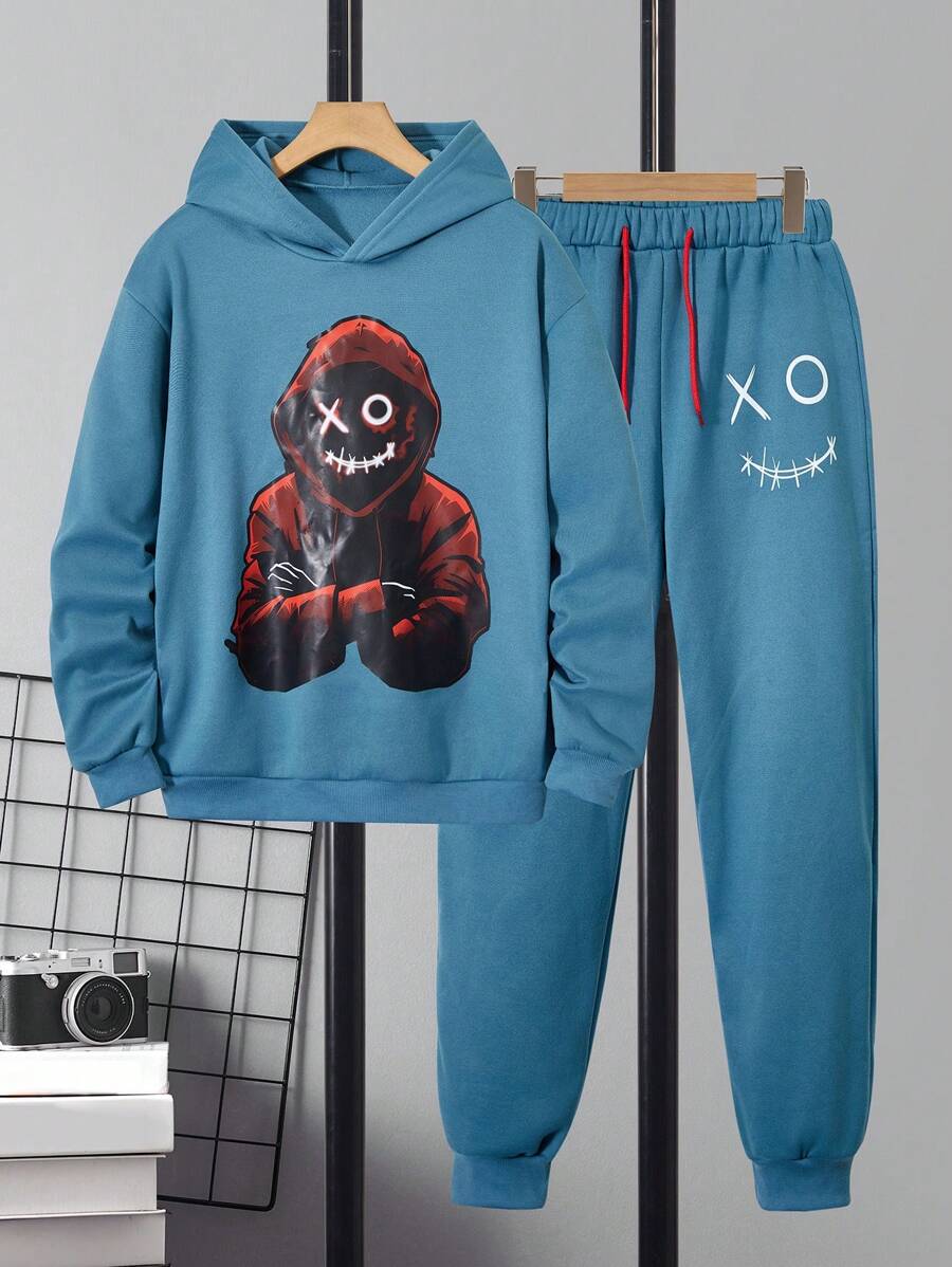 SHEIN 2 件套青少年男孩休闲连帽衫搭配运动裤，笑脸设计，适合万圣节 - 藍色 - 查看 1