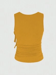 INAWLY Women's Solid Color Round Neck Twist Pleated Fitted Yellow Tank Top