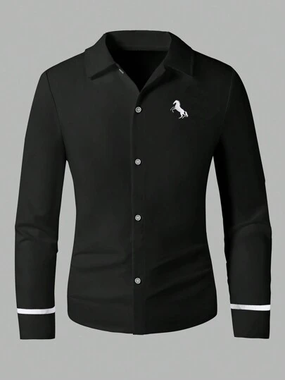 SHEIN 青少年男孩休闲刺绣长袖衬衫，绅士风格