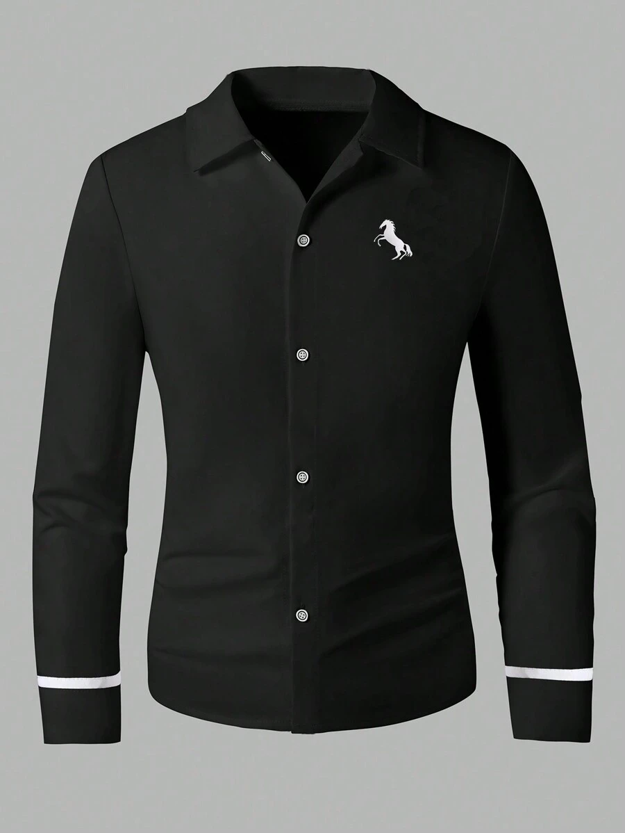 SHEIN 青少年男孩休闲刺绣长袖衬衫，绅士风格 - 黑色 - 查看 1