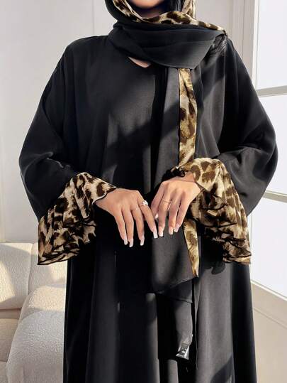 Al Najma 女式豹纹拼布长袖休闲宽松阿拉伯风格连衣裙，配头巾，端庄优雅，超长阿拉伯连衣裙