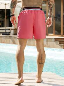 Surfspeed Men's Palm Tree Print Drawstring Waist Casual Beach Shorts Men Swim Trunks - Watermelon Pink - View 2