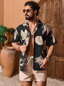 Manfinity VDAYZ Men's Plant Floral Print Short Sleeve Shirt And Solid Color Shorts Beach Outfit