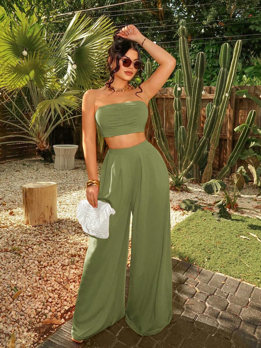 SHEIN SXY Women Fashionable Ruched Strapless Wide Leg Pants Set Summer Vacation Holiday Beach BOHO Sexy - Army Green - View 1