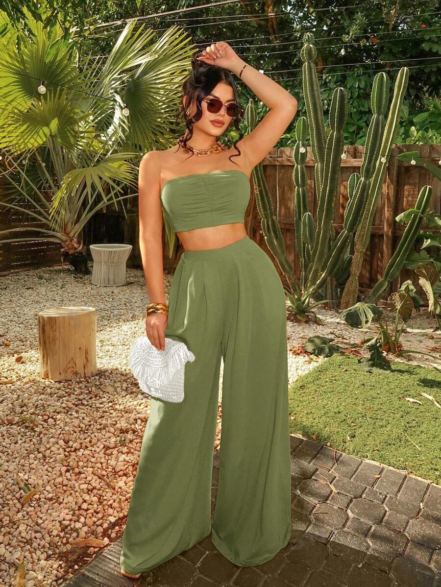 SHEIN SXY Conjunto de pantalones anchos de pierna ancha con pliegues y sin tirantes de moda para mujer, ideal para vacaciones de verano, playa y estilo bohemio sexy