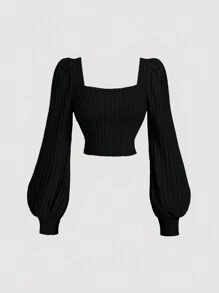 SHEIN MOD 大码杏色休闲方领泡泡袖 T 恤女秋冬秋季衣服女上衣长袖女士冬季上衣 - 黑色 - 查看 1