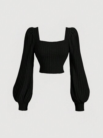 SHEIN MOD Plus Size Apricot Casual Square Neck Puff Sleeve T-Shirt For Women, Autumn/Winter Fall Clothes Women Tops Long Sleeves Woman Winter Tops