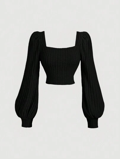 SHEIN MOD 大码杏色休闲方领泡泡袖 T 恤女秋冬秋季衣服女上衣长袖女士冬季上衣