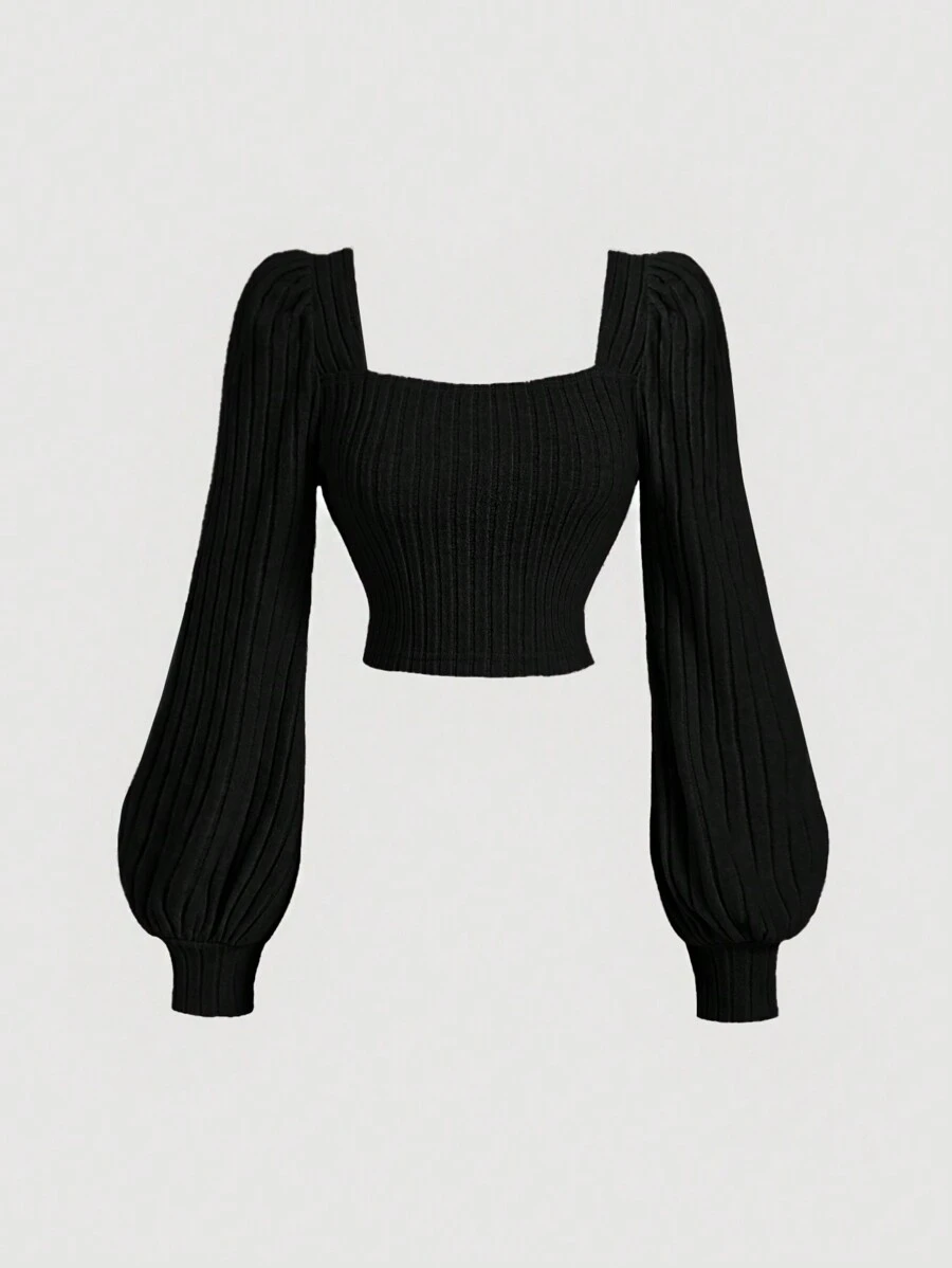 SHEIN MOD 大码杏色休闲方领泡泡袖 T 恤女秋冬秋季衣服女上衣长袖女士冬季上衣 - 黑色 - 查看 1