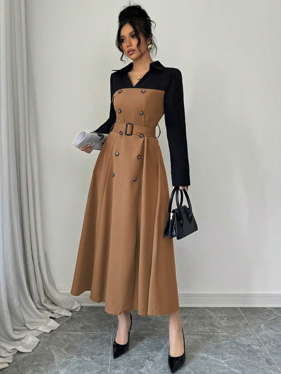 Modelyn Women Elegant Contrast Color Turn Down Collar Long Sleeve Double-Breasted Long Dress, Autumn Long Evening Dresses - Khaki - View 1