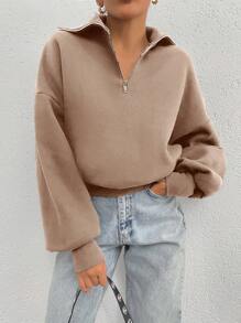 RueChic 100% Cotton Collar With Zipper Pattern Oversize Sweatshirt - Beige - View 5