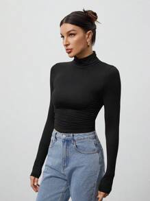 SHEIN Tall Áo thun nữ cổ bẻ màu đen giản dị, mùa thu - màu đen - Xem 6