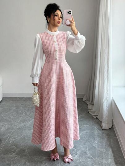 Modelyn Vestido elegante de manga larga con cuello alto, diseño de botones y parches de cuadros para mujer, vestidos largos para la noche