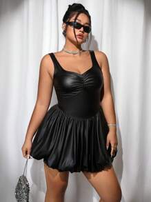 SHEIN ICON ICON 加大码女式无袖方领 PU 泡泡裙、圣诞装、派对礼服 - 黑色 - 查看 3