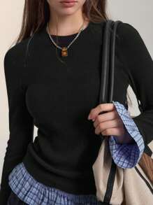 FRIFUL 女士休闲圆领插肩袖格子喇叭袖口 T 恤，秋季长袖女上衣 - 黑色 - 查看 2