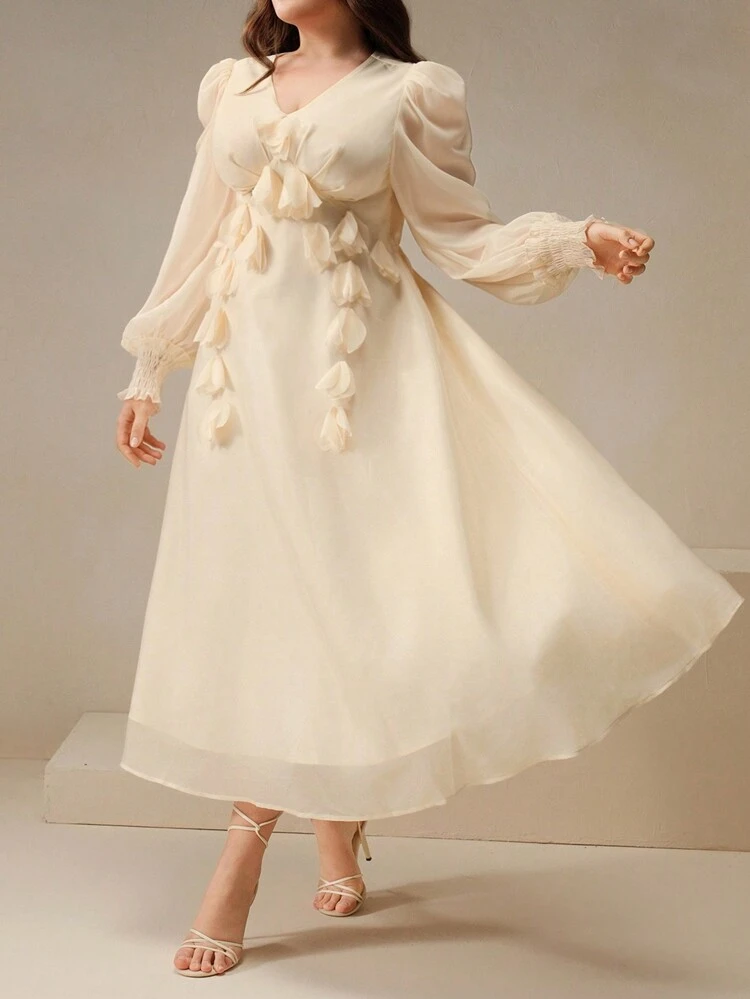 Plus Size Women V-Neck Long Sleeve Dress, Featuring 3D Flower Embellishment, Waistband, Luxurious Elegant Party Dress Maxi Women Outfit