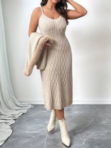 SHEIN Clasi 加大码女式 Aidan 纯色连帽斗篷外套，搭配毛领针织披肩夹克；印花吊带裙搭配荷叶边针织毛衣裙 2 件套，适合万圣节、新年、情人节、感恩节、圣诞节、复活节、舞会、新年前夜、维多利亚秘密假期 - 米色 - 查看 1