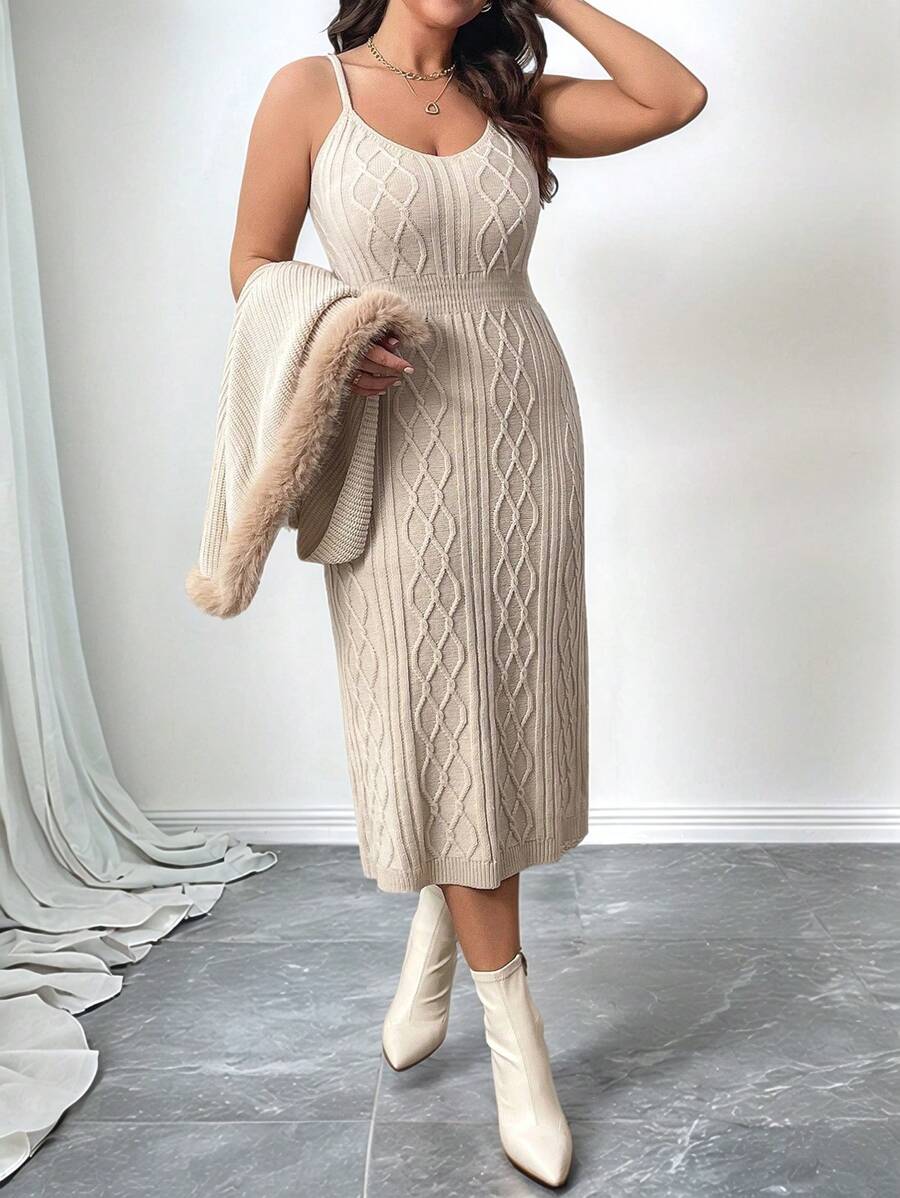 SHEIN Clasi 加大码女式 Aidan 纯色连帽斗篷外套，搭配毛领针织披肩夹克；印花吊带裙搭配荷叶边针织毛衣裙 2 件套，适合万圣节、新年、情人节、感恩节、圣诞节、复活节、舞会、新年前夜、维多利亚秘密假期 - 米色 - 查看 1