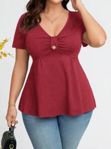 SHEIN Clasi Plus Size Women V-Neck Short Sleeve Pleated Casual T-Shirt, Solid Color - Red - View 1