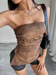 SHEIN EZwear Women's Vintage Brown PU Leather Ruched Crop Top