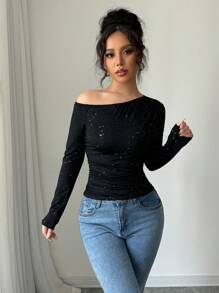 Chiquease Casual Versatile Solid Color Black Slim Fit Sequin Ruched Long Sleeve Knit Top For Women, Autumn/Winter