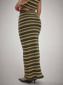 Forever 21 1 Peça Saia Longa de Tricô Casual Feminina com Listras Contrastantes - Multicolorido - Visão 2
