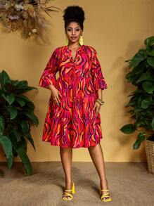 Slaydiva Plus Size Women Summer Animal Pattern A-Line Dress - Red - View 5