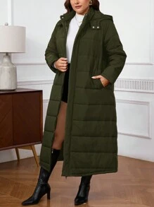 SHEIN Privé 大码长款宽松连帽外套，秋冬 - 軍綠色 - 查看 3