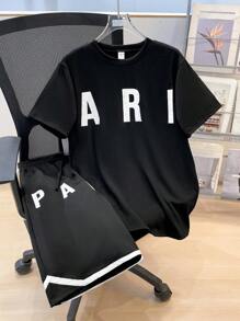 SHEIN Teen Boys' Casual School Stylish Simple Practical Versatile Cute Soft Comfortable Daily, School, Travel, Sports Graphic Tee And Shorts Set - Black - View 2