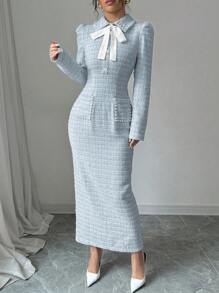 Modelyn 女士优雅纹理粉色粗花呢仿珍珠纽扣长袖连衣裙，秋冬季长款晚礼服